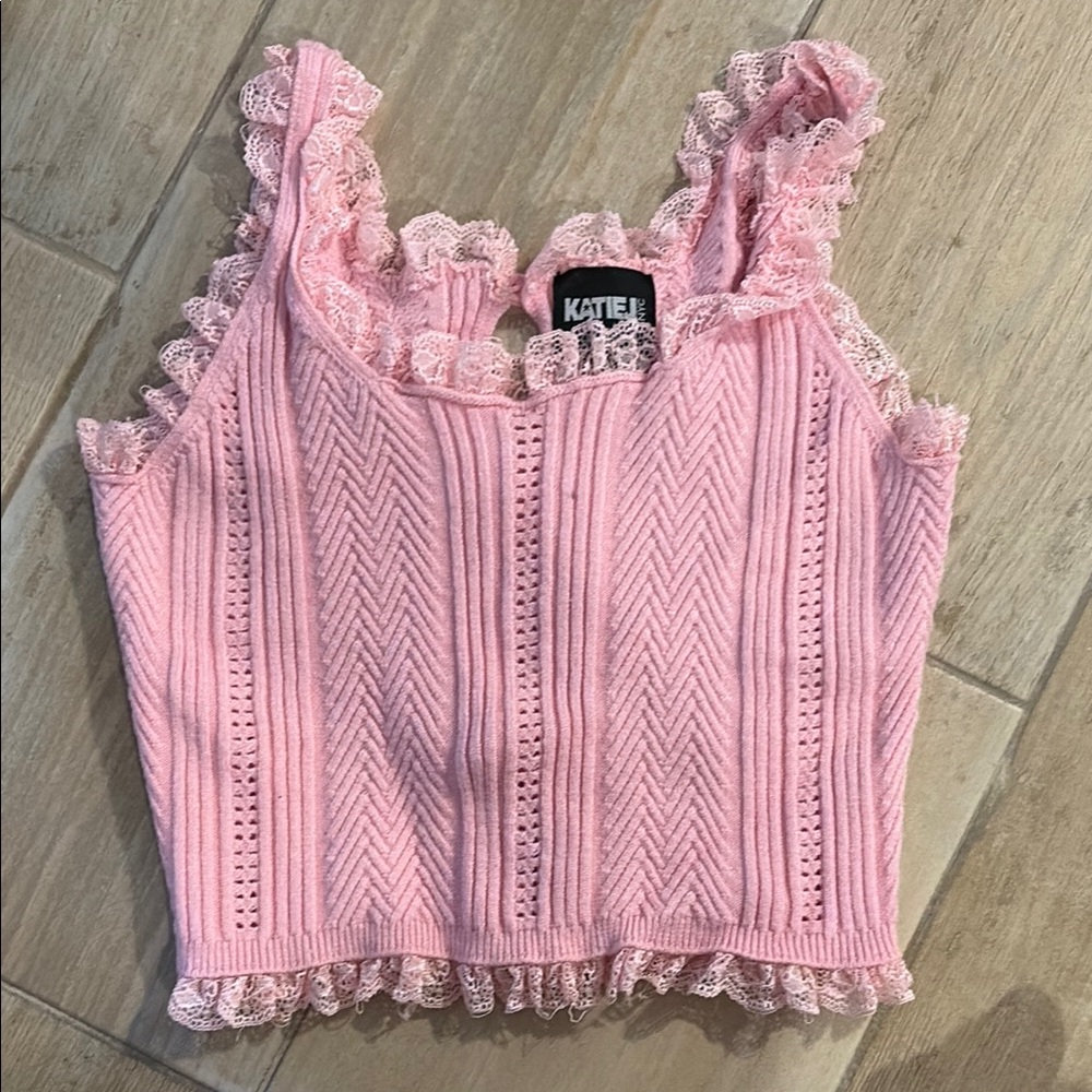 Katie J NYC Pink Ruffled Ribbed Sleeveless Tank